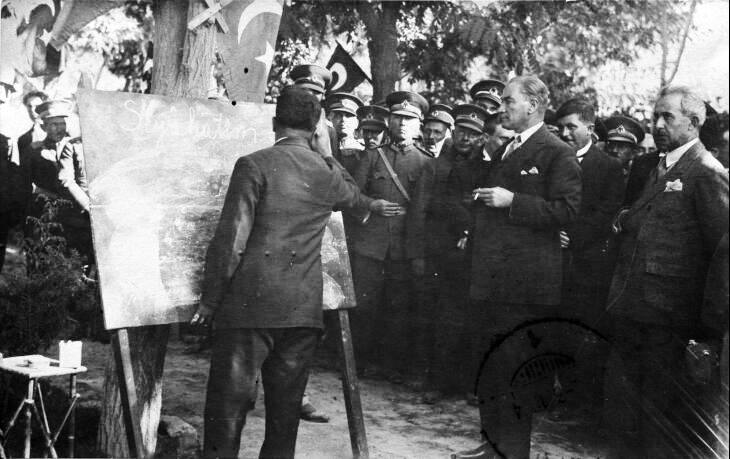 Mustafa Kemal, inspecting the new literacy skills of functionaries in Sivas, September 1928.